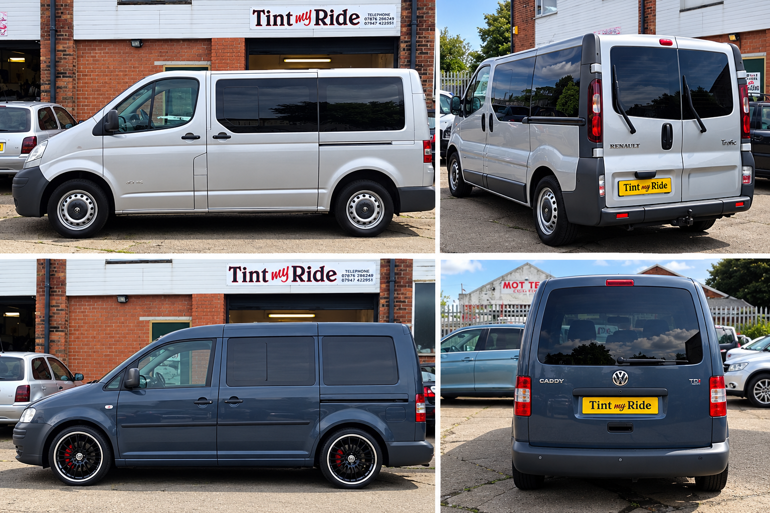 Silver Renault Trafic and blue VW Caddy with tinted rear windows