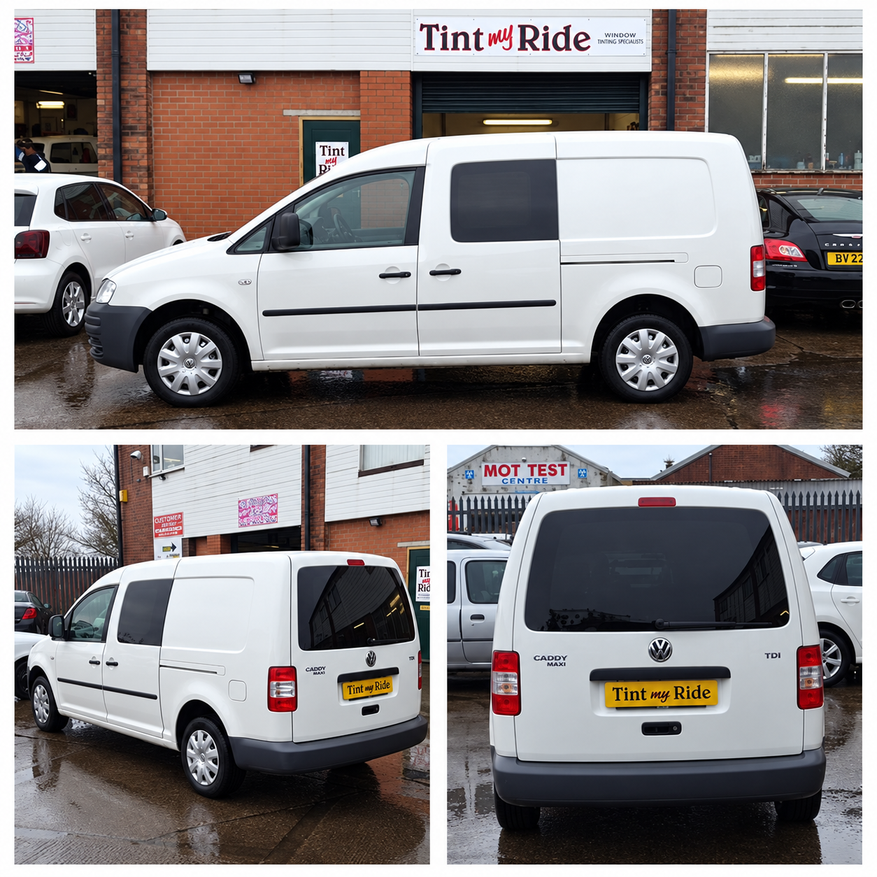 White VW Caddy Maxi with tinted sliding door and rear glass