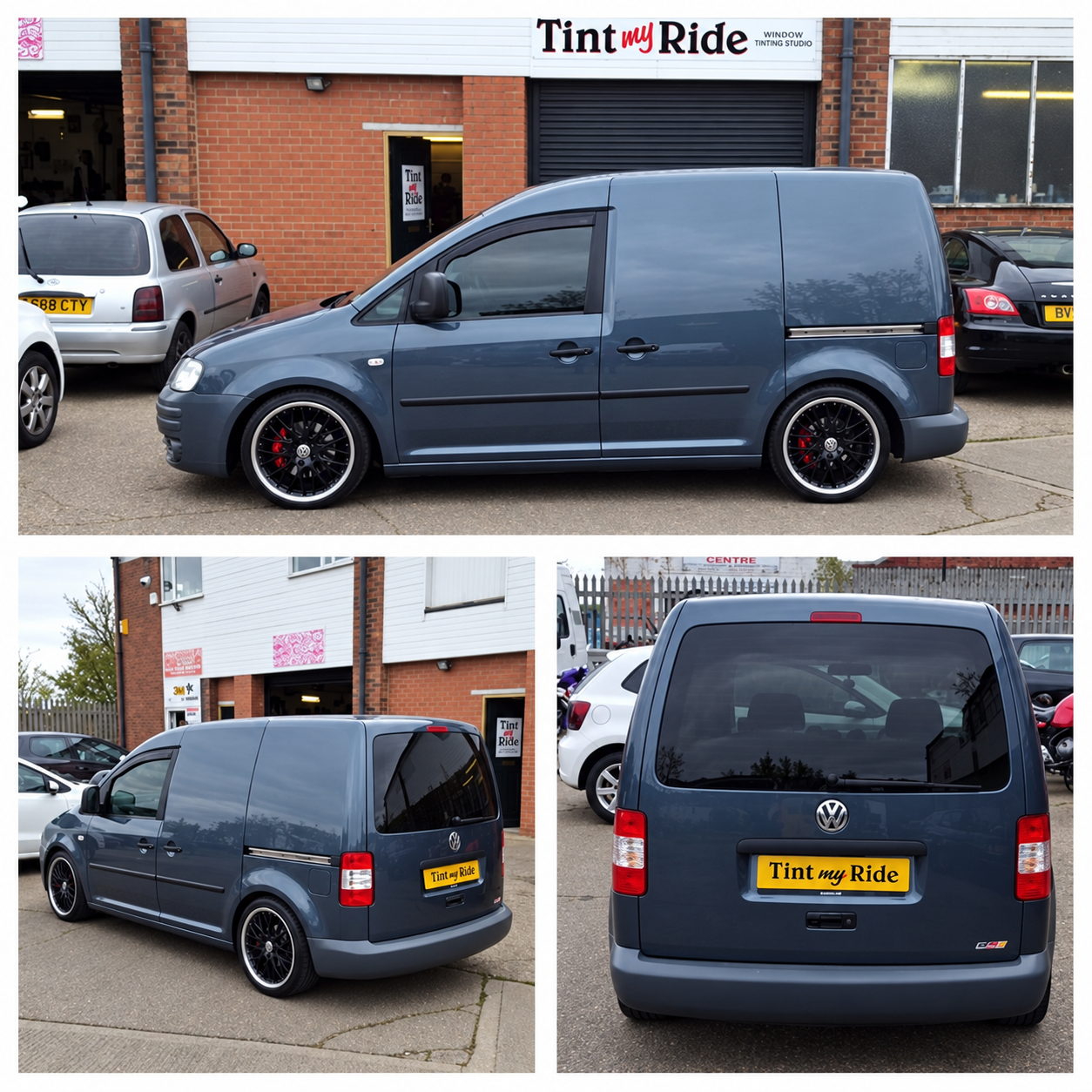 Slate-blue VW van with tinted front and rear windows