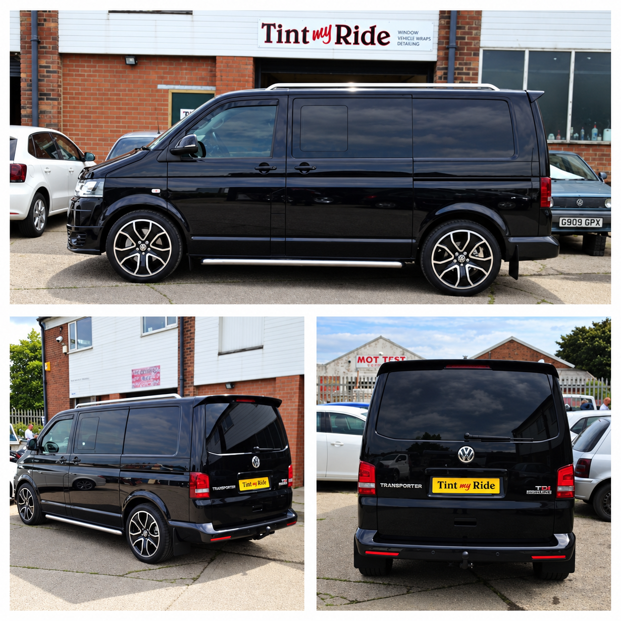 Black VW Transporter with tinted side and rear windows