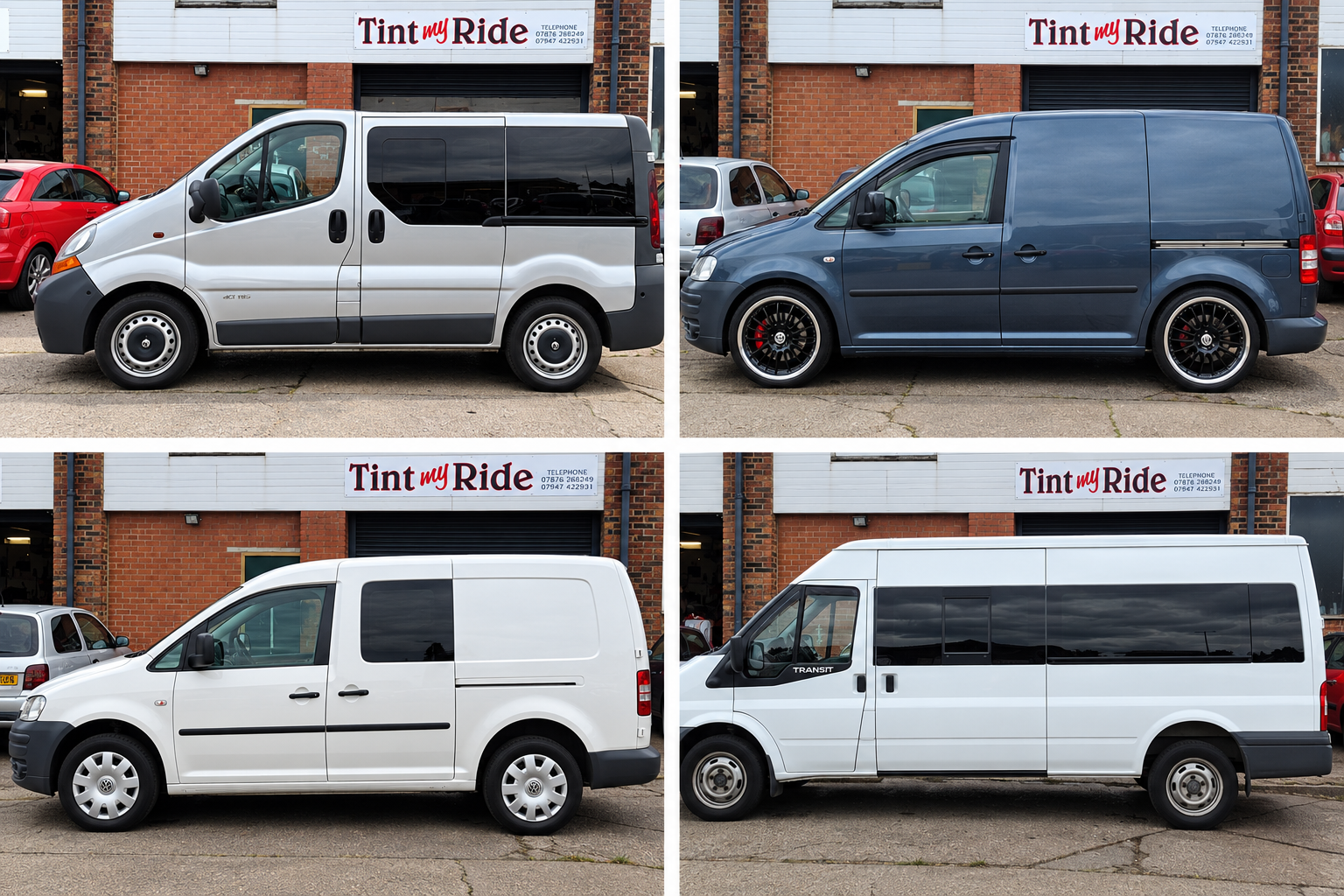 Line-up of tinted vans including Renault, VW and Ford Transit