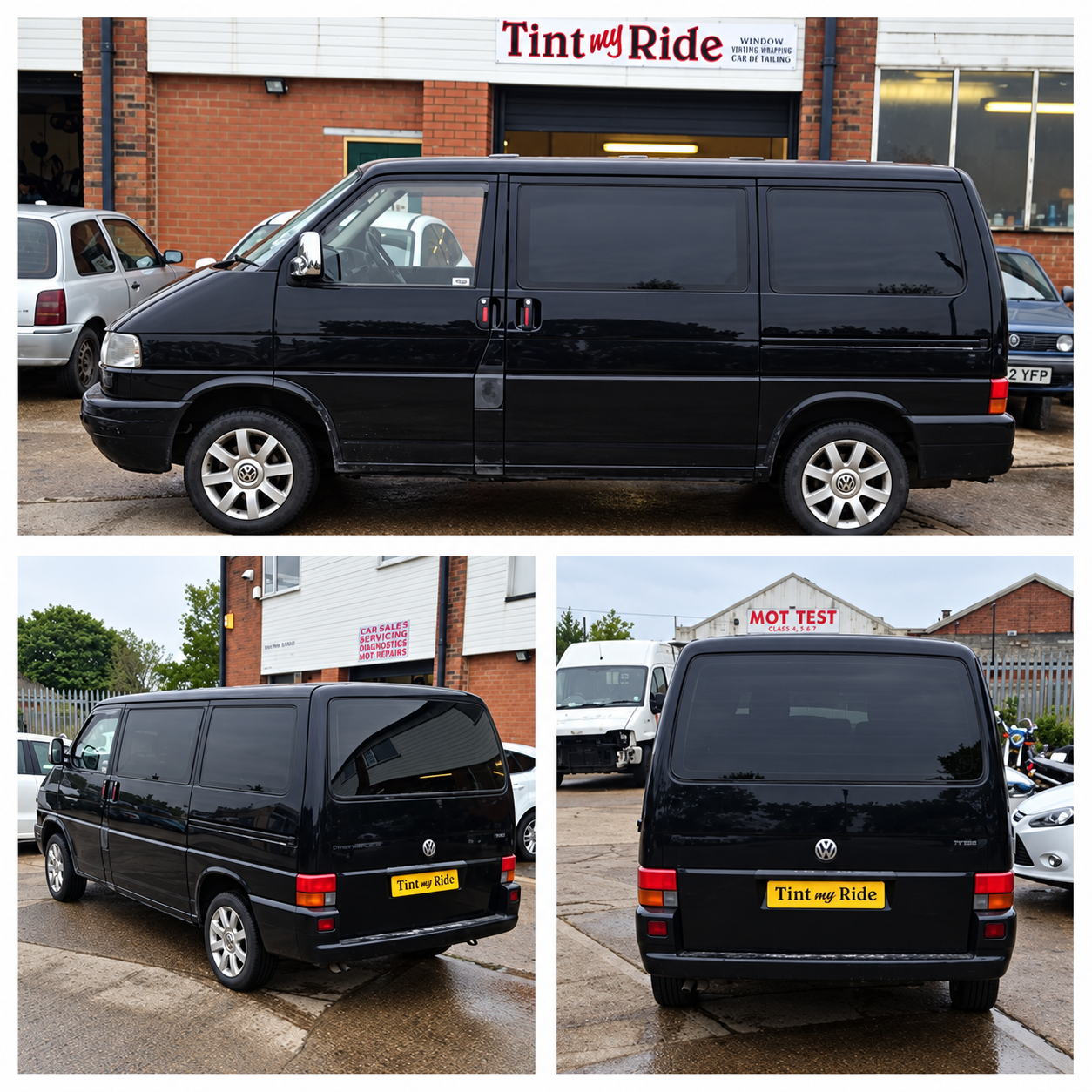 Black VW van with dark tinted side and rear glass