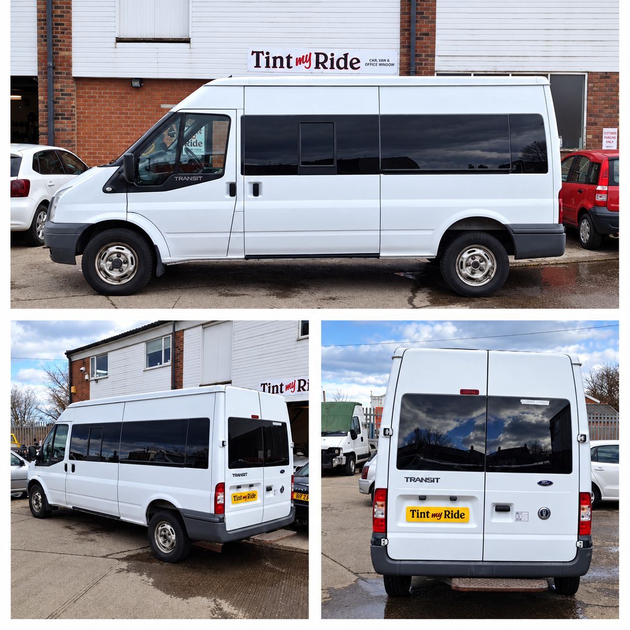 White Ford Transit with tinted side and rear door windows