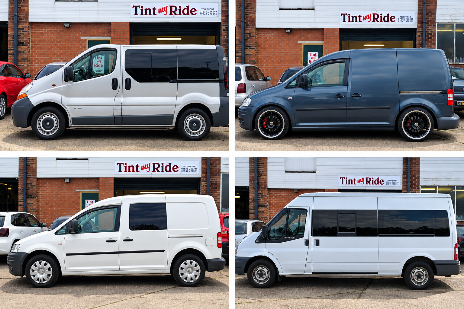 Line-up of tinted vans at the Tint My Ride workshop
