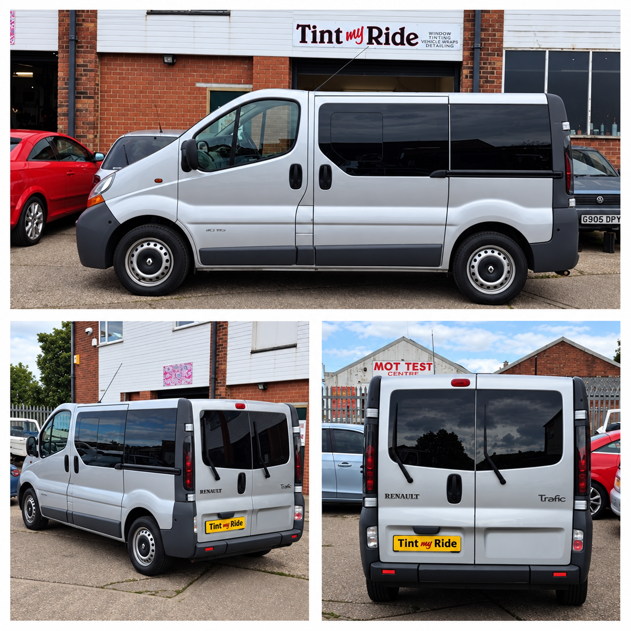 Silver Renault van with dark tinted side and rear windows